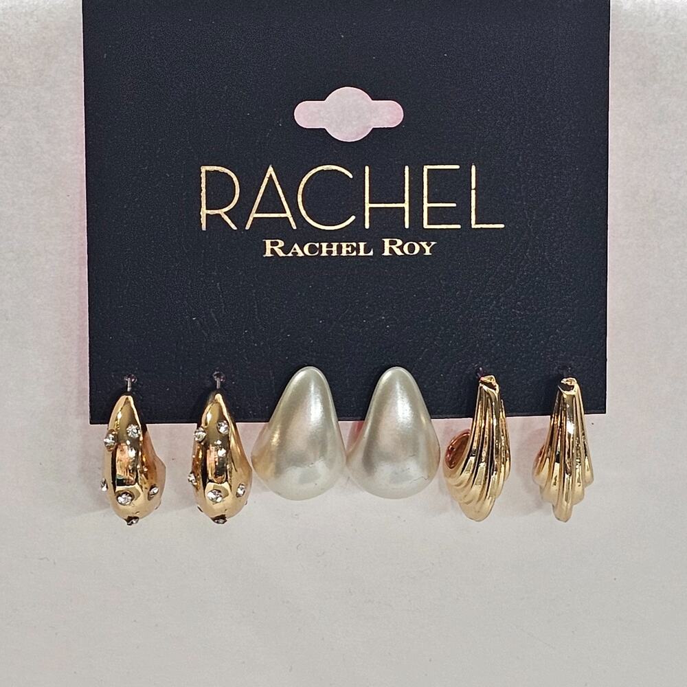 RACHEL RACHEL ROY Trio Earring Set Chunky Hoops Goldtone Pearl Huggie NEW